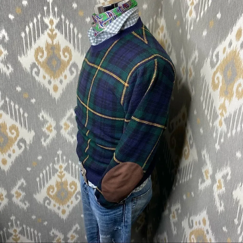 Polo Ralph Lauren ~ Tartan Plaid Merino Wool & Suede Crewneck Sweater